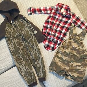 Baby Carhartt Camo Shorts Overalls, One Piece Camo Fleece, Red And Black Plaid